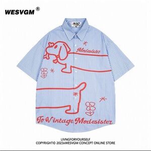 Blue Striped Shirt with Red Graphic